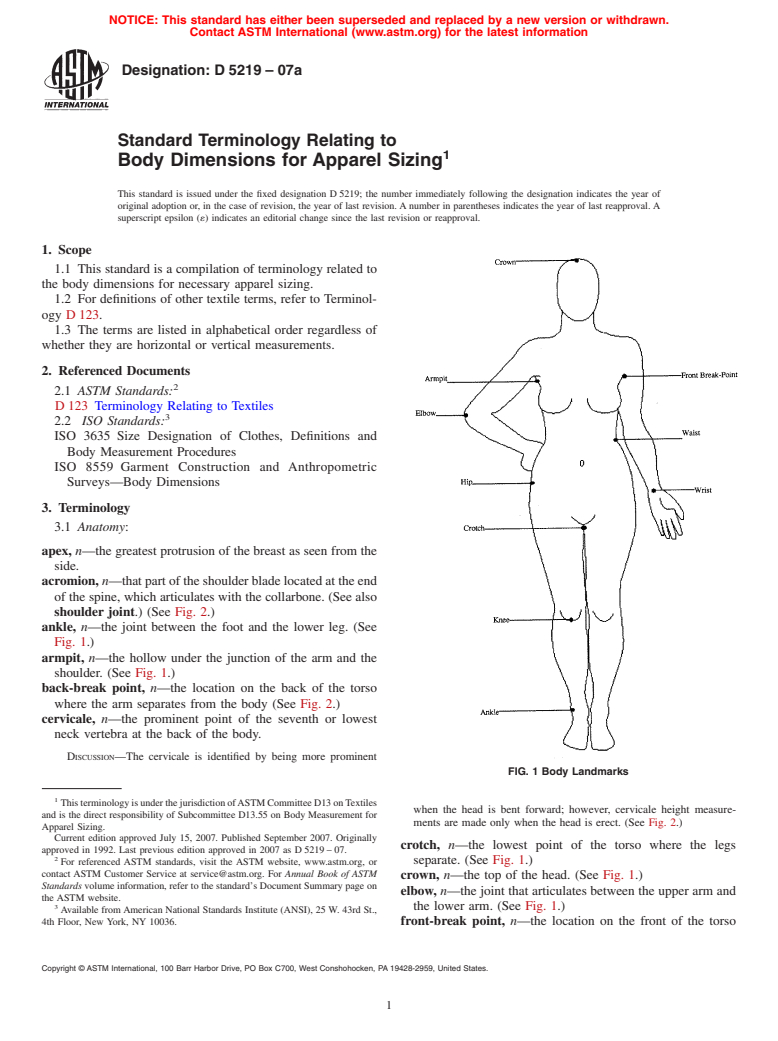 ASTM D5219-07a - Standard Terminology Relating to Body Dimensions for Apparel Sizing