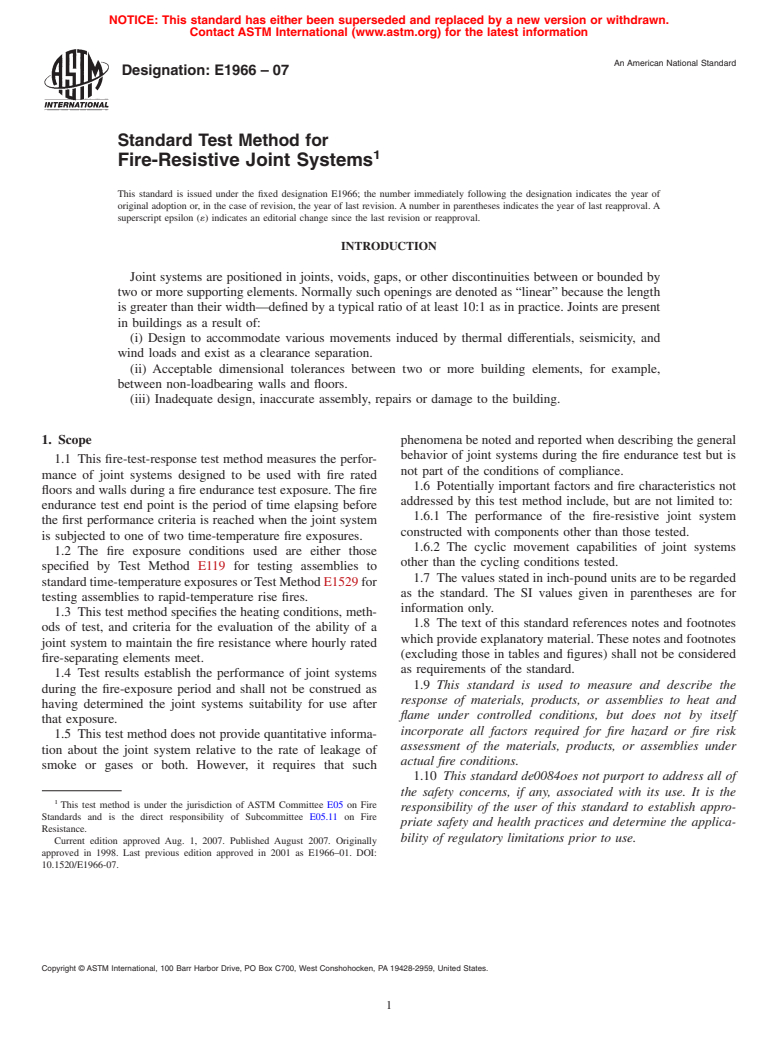 ASTM E1966-07 - Standard Test Method for Fire-Resistive Joint Systems