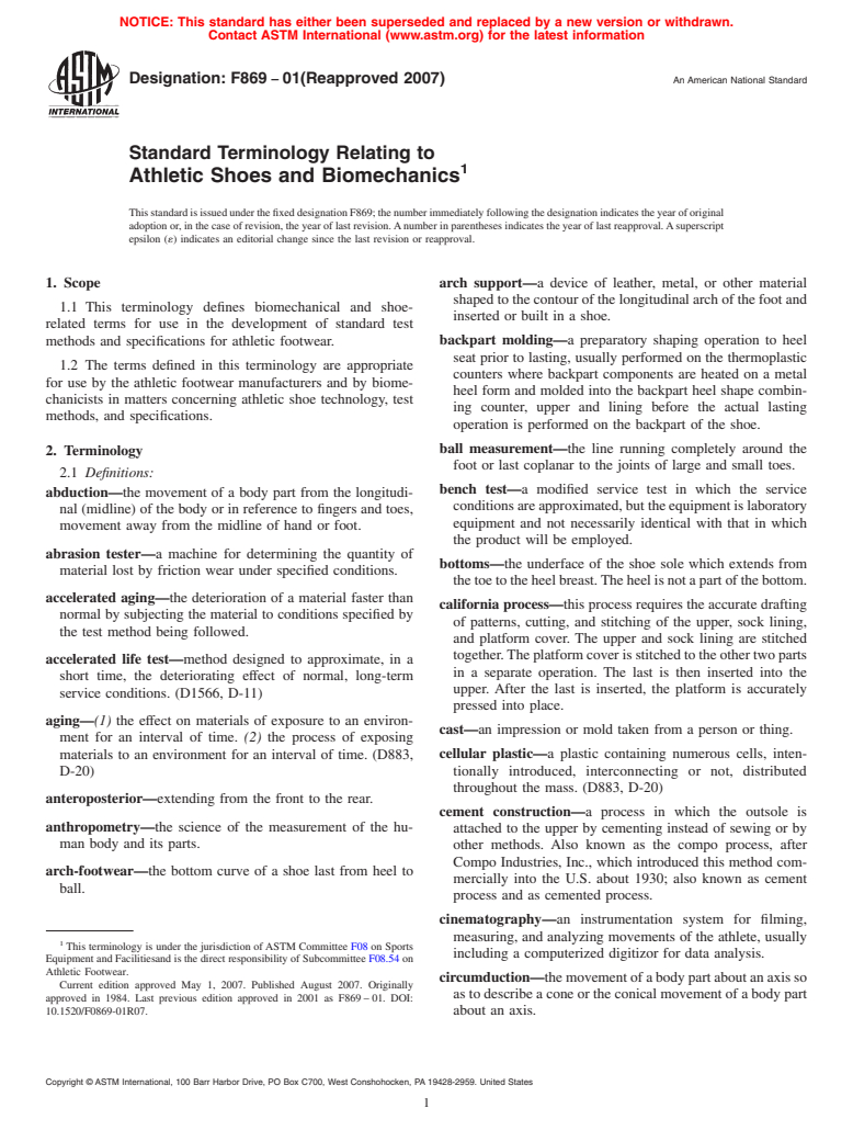 ASTM F869-01(2007) - Standard Terminology Relating to Athletic Shoes and Biomechanics (Withdrawn 2013)