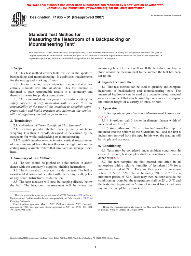 ASTM F1935-01(2007) - Standard Test Method for Measuring the Headroom of a Backpacking or Mountaineering Tent