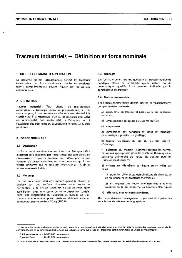 ISO 1084:1975 - Tracteurs industriels -- Définition et force nominale