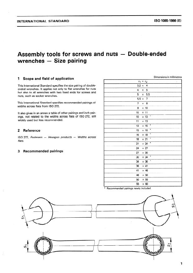 ISO 1085:1986 - Assembly tools for screws and nuts -- Double-ended wrenches -- Size pairing