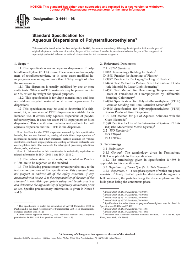 ASTM D4441-98 - Standard Specification for Aqueous Dispersions of Polytetrafluoroethylene