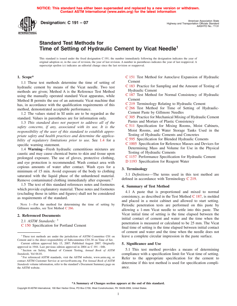 ASTM C191-07 - Standard Test Methods for Time of Setting of Hydraulic Cement by Vicat Needle