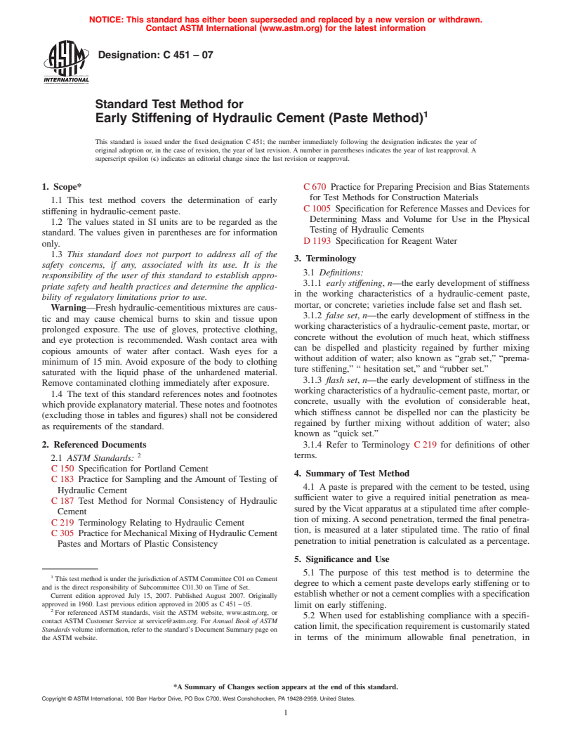 ASTM C451-07 - Standard Test Method for Early Stiffening of Hydraulic Cement (Paste Method)