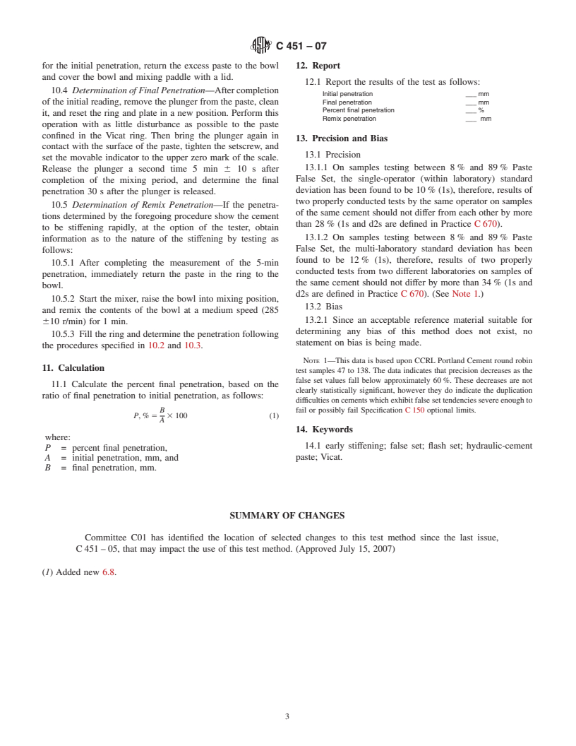 ASTM C451-07 - Standard Test Method for Early Stiffening of Hydraulic Cement (Paste Method)