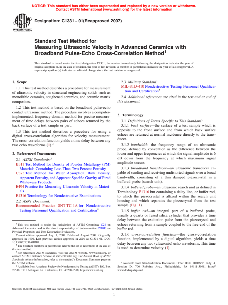 ASTM C1331-01(2007) - Standard Test Method for Measuring Ultrasonic Velocity in Advanced Ceramics with Broadband Pulse-Echo Cross-Correlation Method