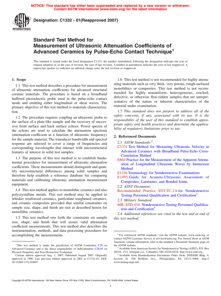 ASTM C1332-01(2007) - Standard Test Method for Measurement of Ultrasonic Attenuation Coefficients of Advanced Ceramics by Pulse-Echo Contact Technique