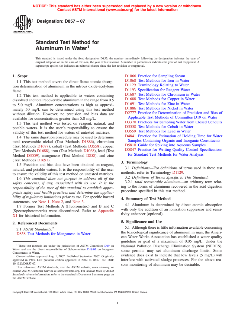 ASTM D857-07 - Standard Test Method for Aluminum in Water