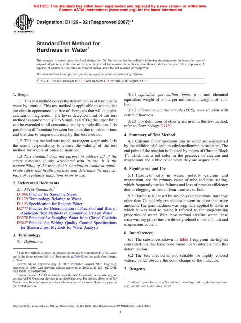 ASTM D1126-02(2007)e1 - Standard Test Method for Hardness in Water