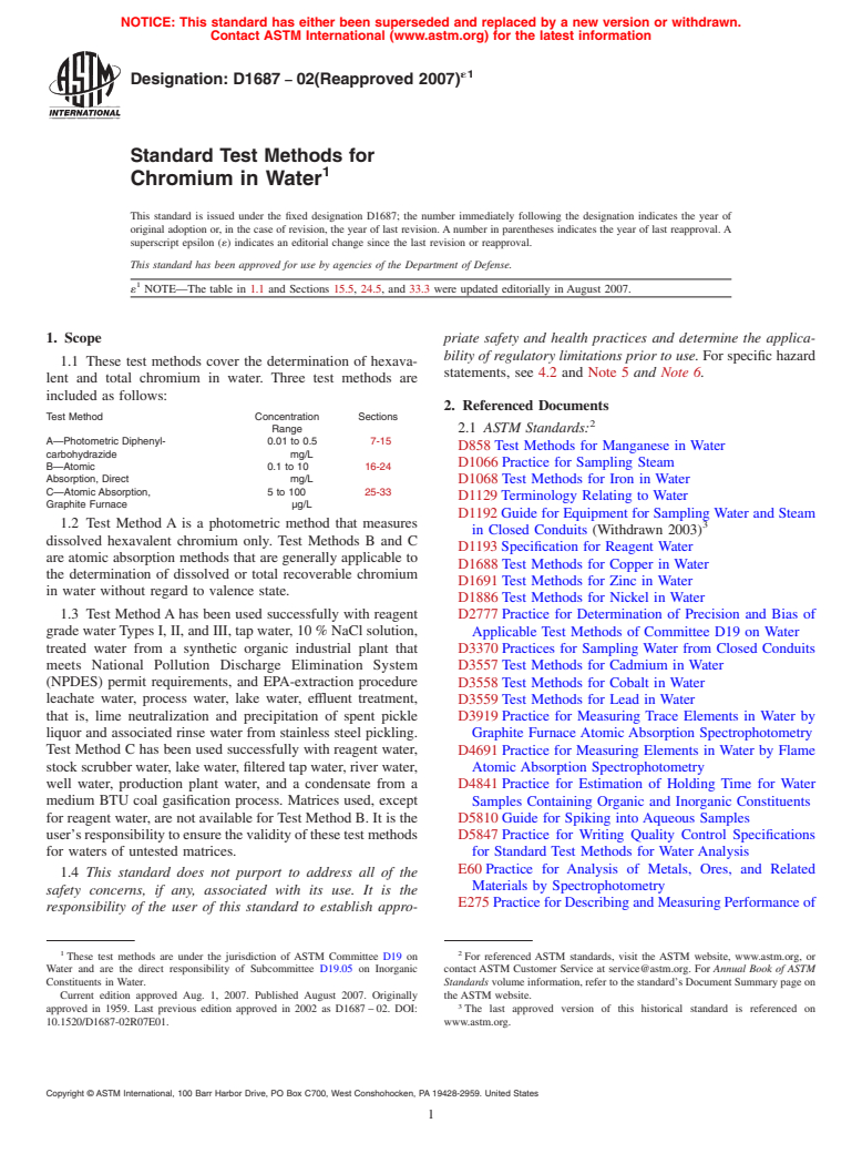 ASTM D1687-02(2007)e1 - Standard Test Methods for Chromium in Water