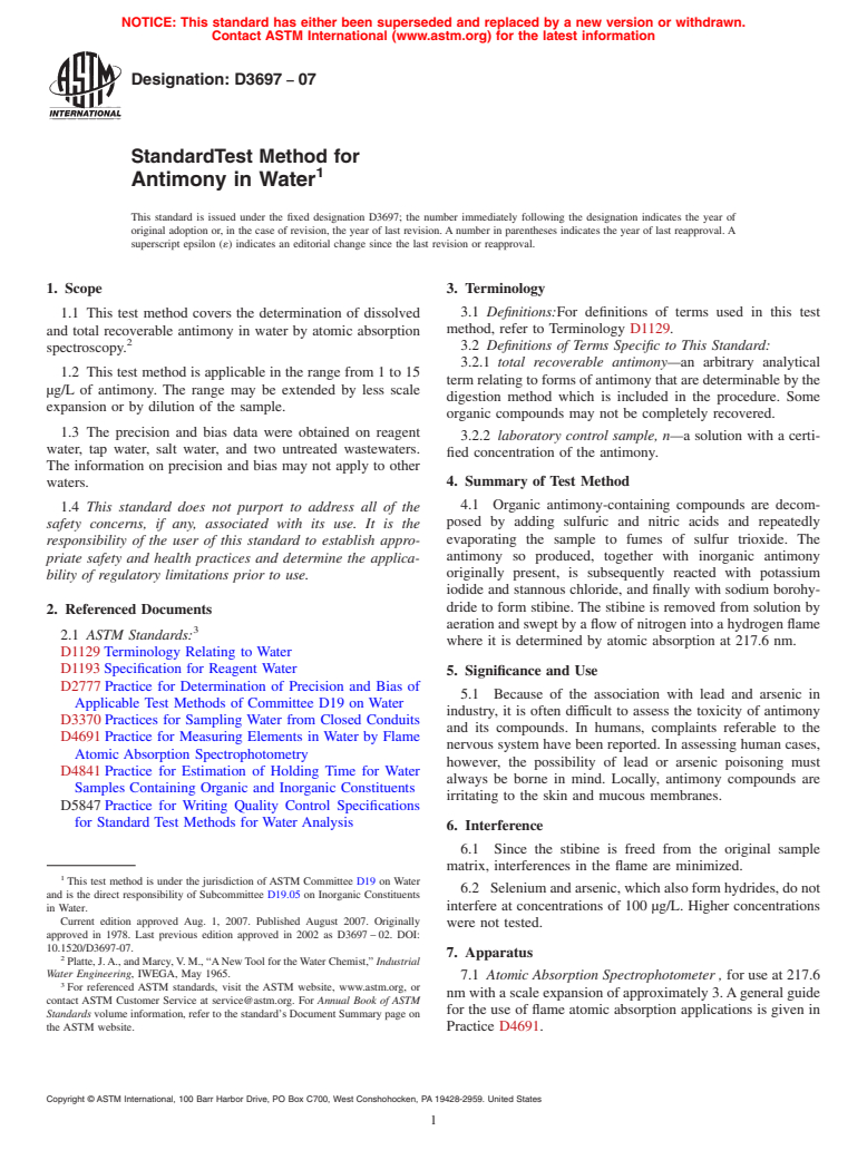 ASTM D3697-07 - Standard Test Method for Antimony in Water