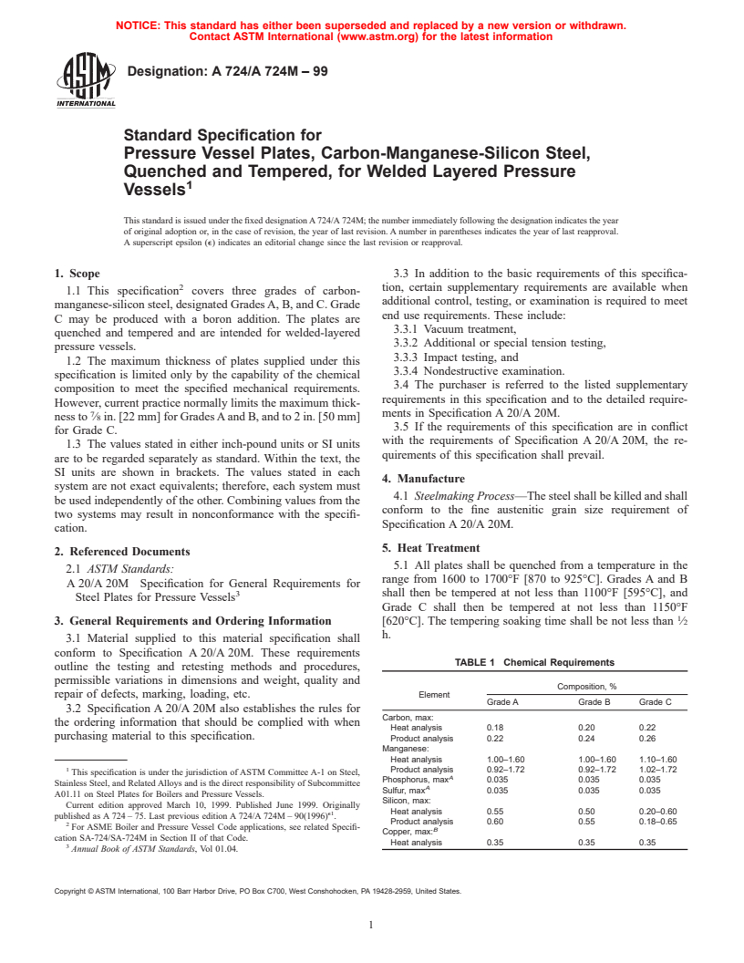 ASTM A724/A724M-99 - Standard Specification for Pressure Vessel Plates, Carbon-Manganese-Silicon Steel, Quenched and Tempered, for Welded Layered Pressure Vessels