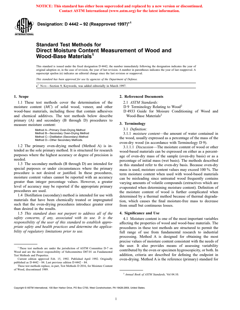 ASTM D4442-92(1997)e1 - Standard Test Methods for Direct Moisture Content Measurement of Wood and Wood-Base Materials