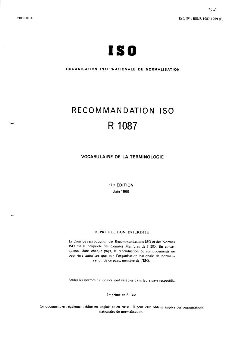 ISO/R 1087:1969 - Vocabulary of terminology
Released:6/1/1969