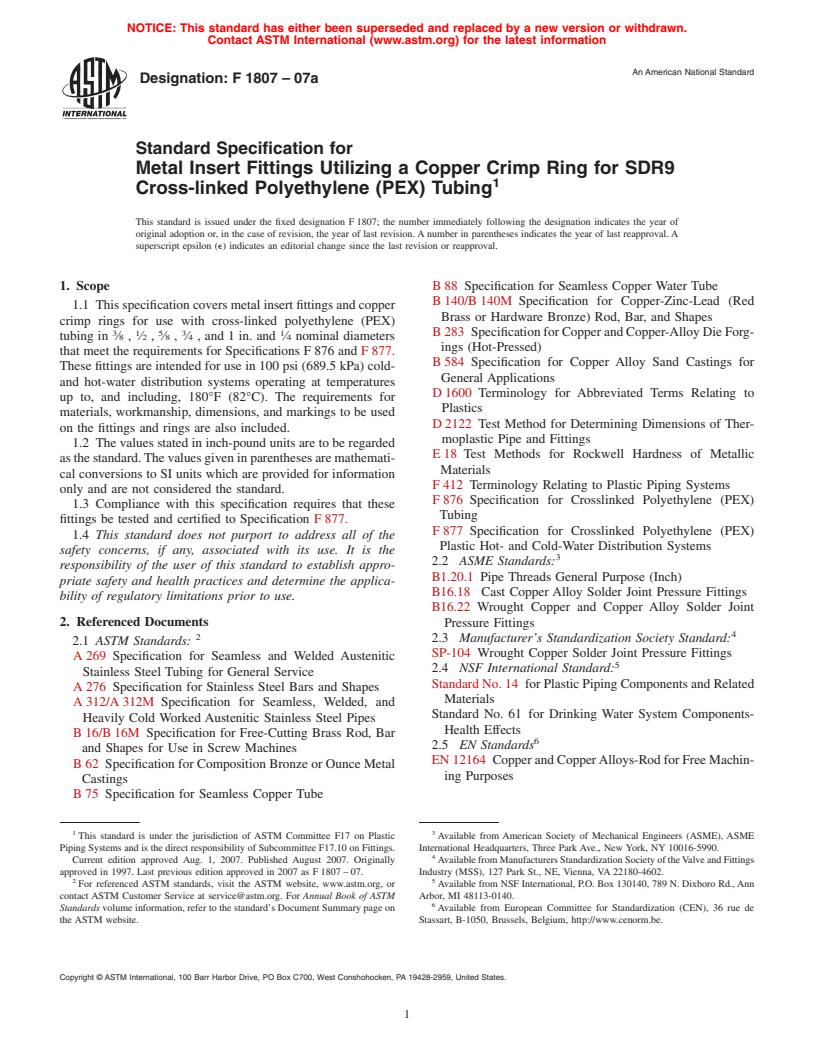 ASTM F1807-07a - Standard Specification for Metal Insert Fittings Utilizing a Copper Crimp Ring for SDR9 Cross-linked Polyethylene (PEX) Tubing