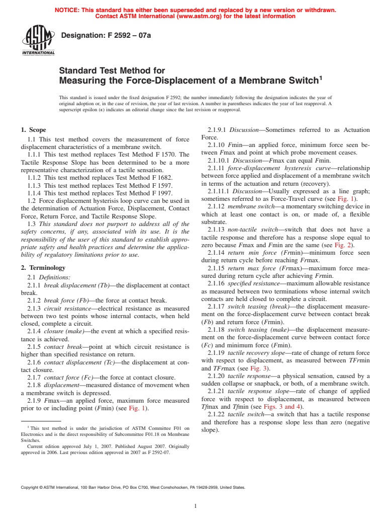 ASTM F2592-07a - Standard Test Method for Measuring the Force-Displacement of a Membrane Switch