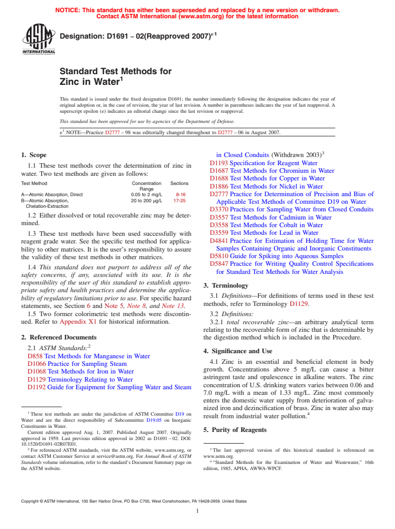 ASTM D1691-02(2007)e1 - Standard Test Methods for Zinc in Water