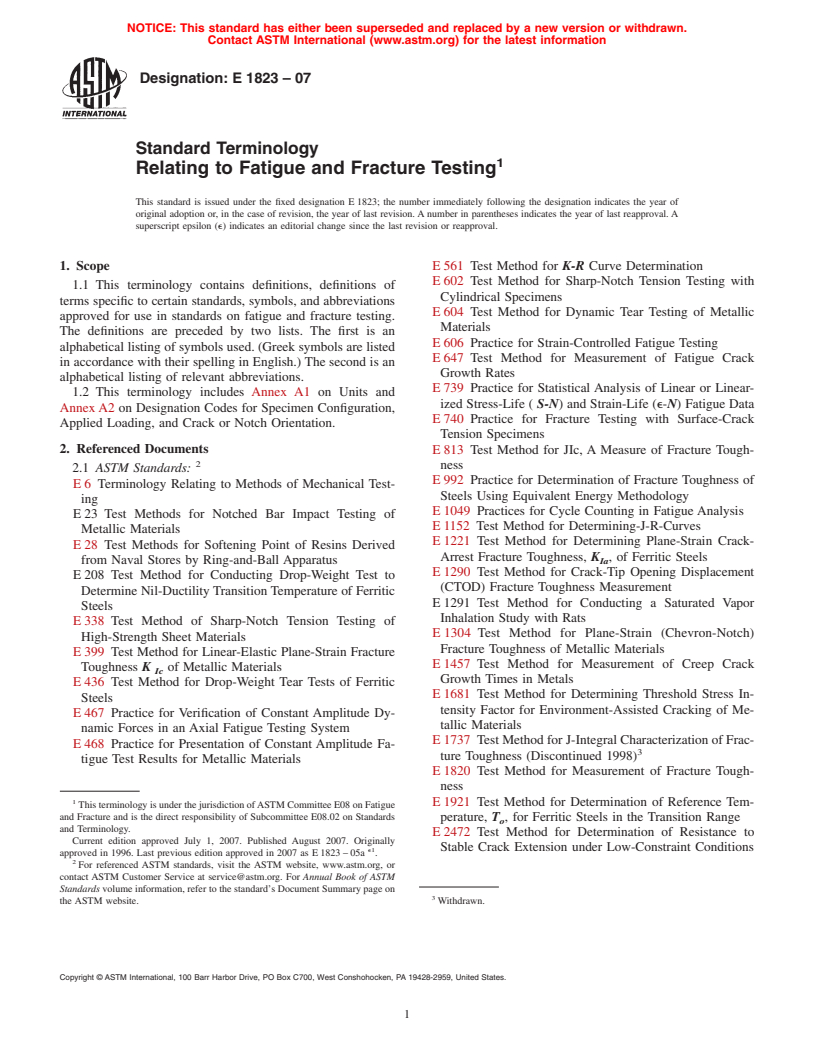 ASTM E1823-07 - Standard Terminology Relating to Fatigue and Fracture Testing