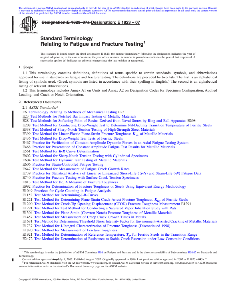 REDLINE ASTM E1823-07 - Standard Terminology Relating to Fatigue and Fracture Testing