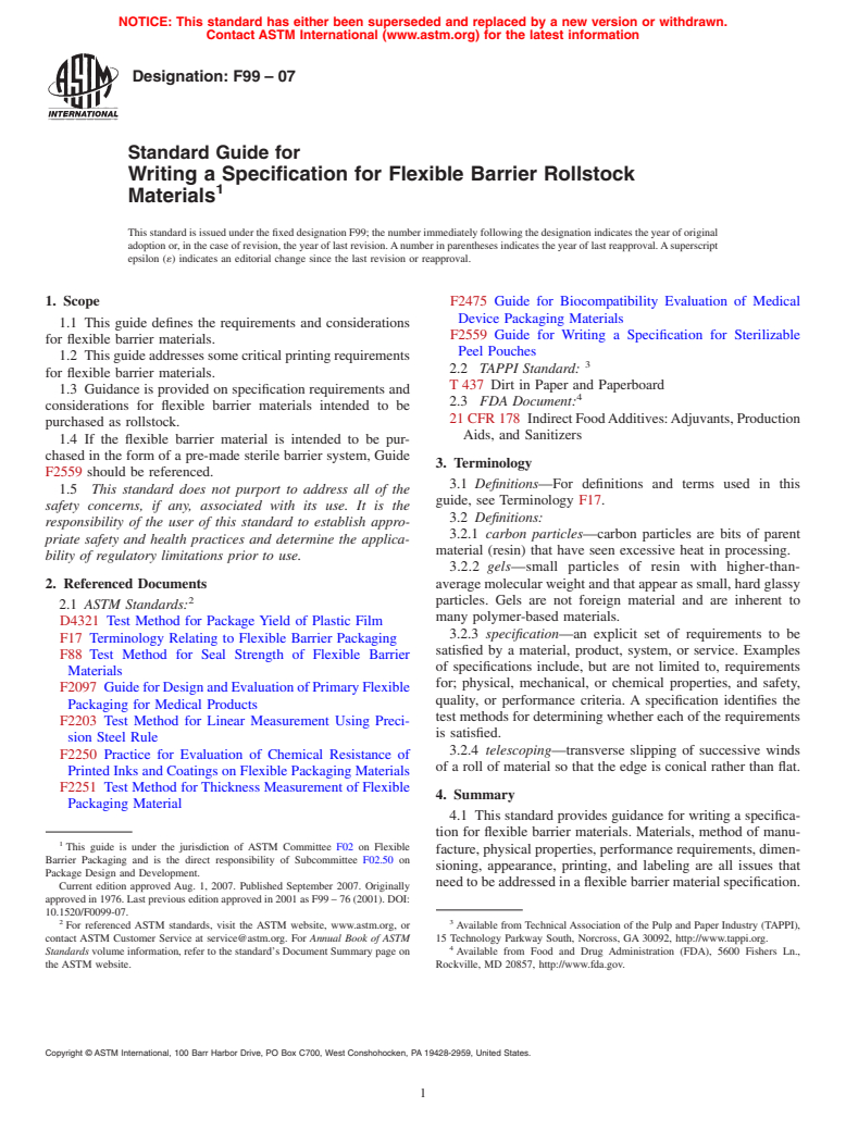 ASTM F99-07 - Standard Guide for Writing a Specification for Flexible Barrier Rollstock Materials