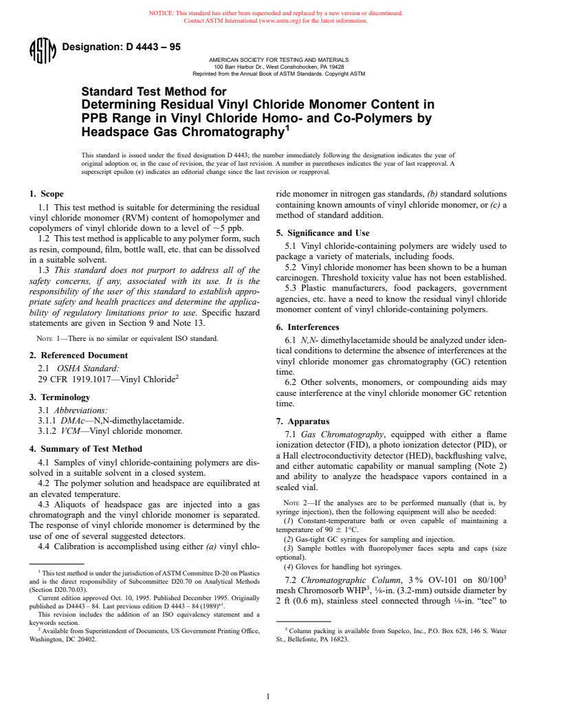 ASTM D4443-95 - Standard Test Method for Determining Residual Vinyl Chloride Monomer Content in PPB Range in Vinyl Chloride Homo- and Co-Polymers by Headspace Gas Chromatography