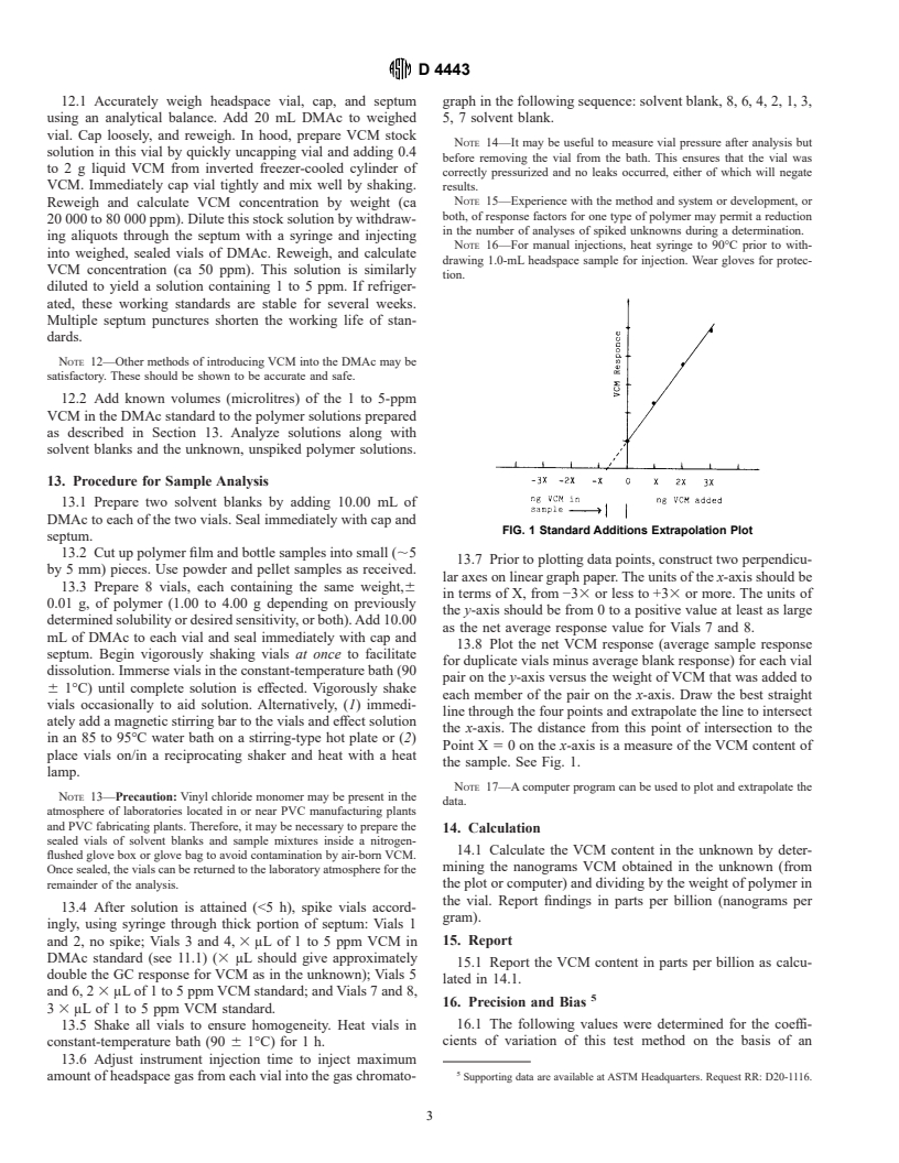 ASTM D4443-95 - Standard Test Method for Determining Residual Vinyl Chloride Monomer Content in PPB Range in Vinyl Chloride Homo- and Co-Polymers by Headspace Gas Chromatography