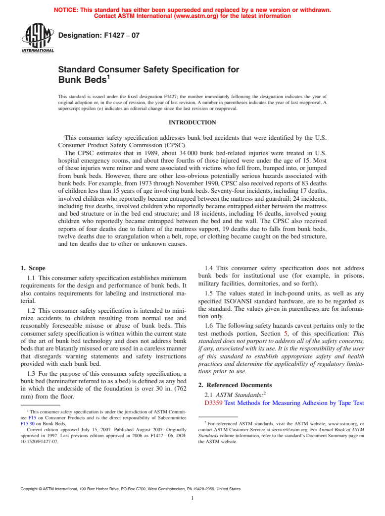 ASTM F1427-07 - Standard Consumer Safety Specification for Bunk Beds