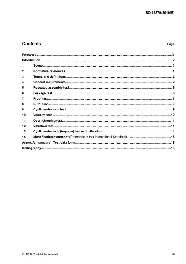 ISO 19879:2010 - Metallic tube connections for fluid power and general use -- Test methods for hydraulic fluid power connections