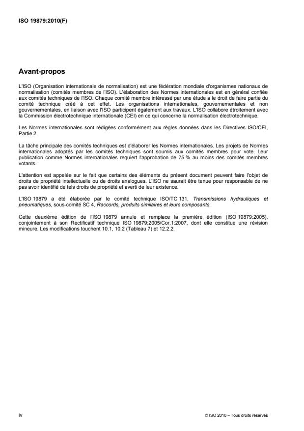 ISO 19879:2010 ISO 19879:2010 - Raccords de tubes métalliques pour transmissions hydrauliques et pneumatiques et applications générales -- Méthodes d'essai pour raccords pour transmissions hydrauliques - Page 4 preview