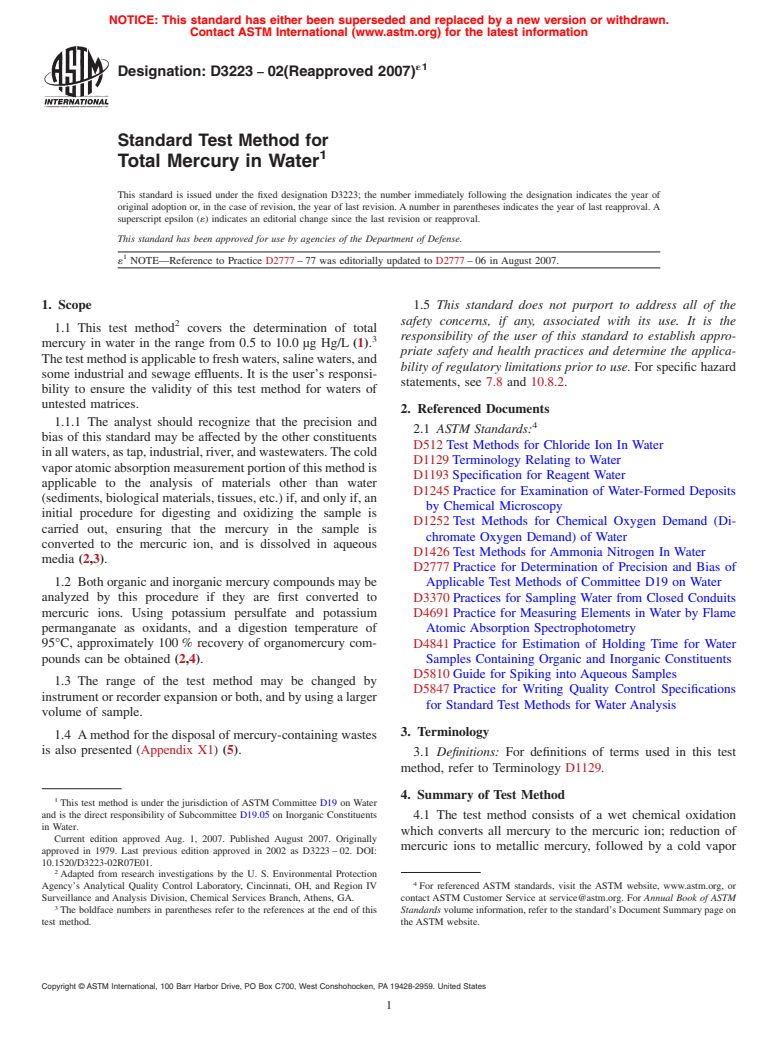 ASTM D3223-02(2007)e1 - Standard Test Method for Total Mercury in Water