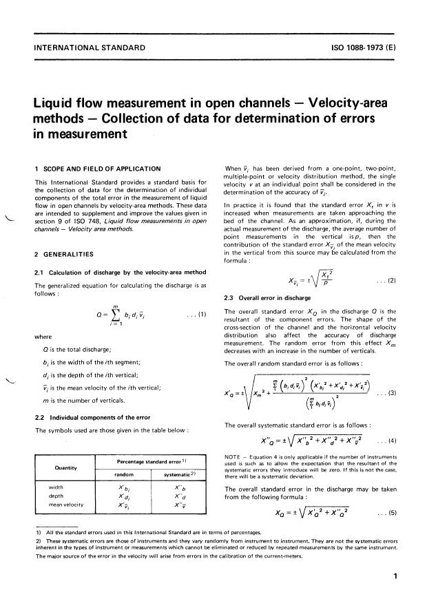 ISO 1088:1973 - Liquid flow measurement in open channels -- Velocity-area methods -- Collection of data for determination of errors in measurement