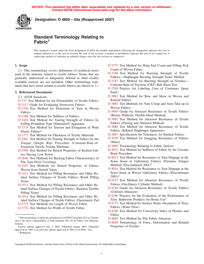 ASTM D4850-03a(2007) - Standard Terminology Relating to Fabric