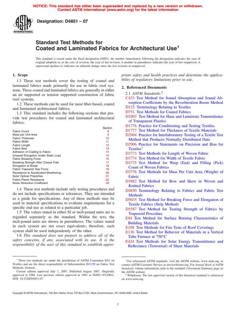 ASTM D4851-07 - Standard Test Methods for Coated and Laminated Fabrics for Architectural Use