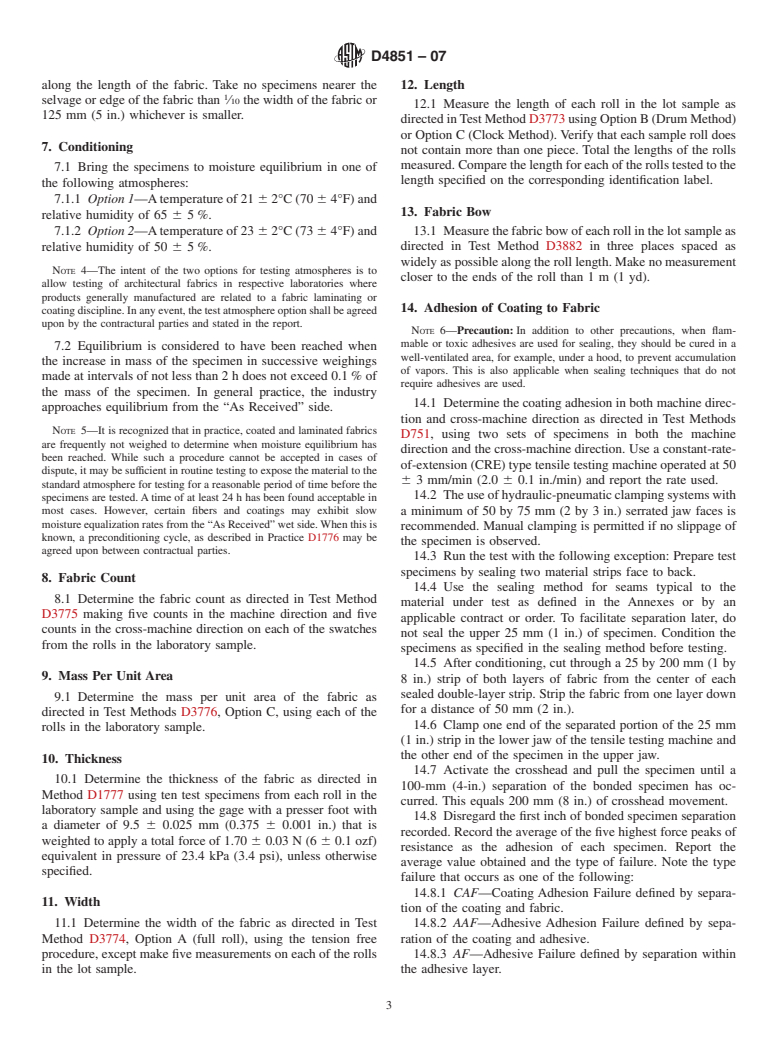 ASTM D4851-07 - Standard Test Methods for Coated and Laminated Fabrics for Architectural Use