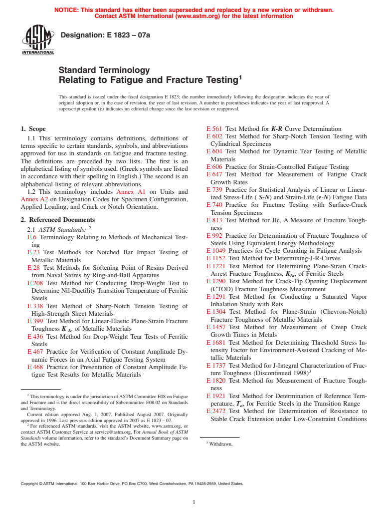 ASTM E1823-07a - Standard Terminology Relating to Fatigue and Fracture Testing
