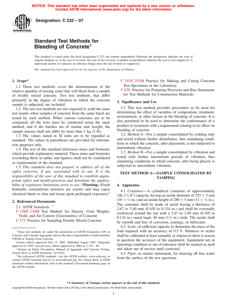 ASTM C232-07 - Standard Test Methods for Bleeding of Concrete