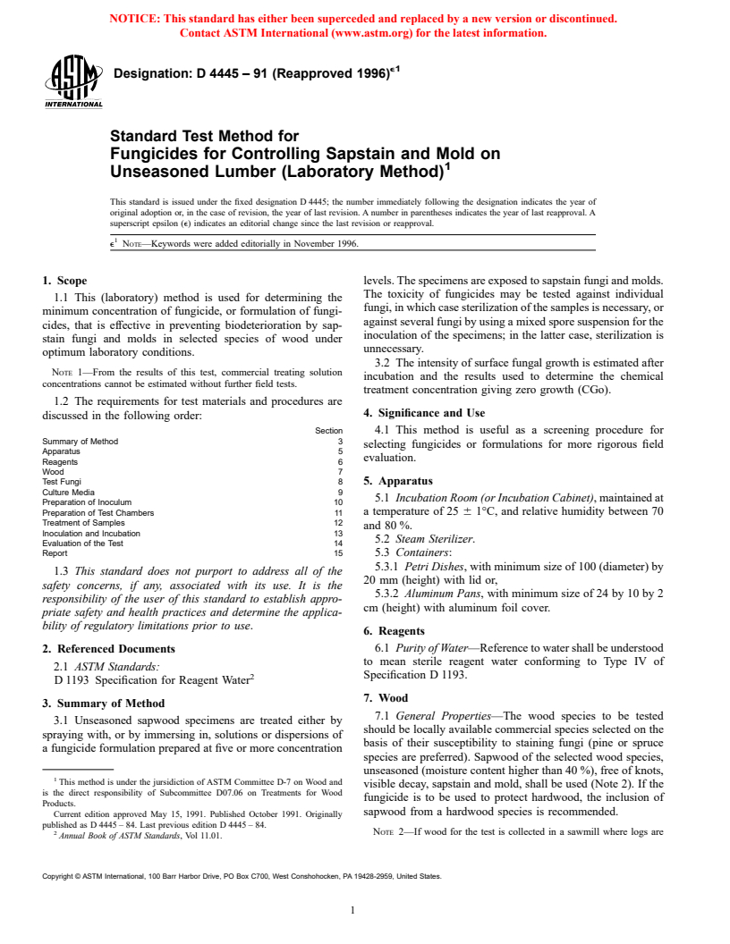 ASTM D4445-91(1996)e1 - Standard Test Method for Fungicides for Controlling Sapstain and Mold on Unseasoned Lumber (Laboratory Method)