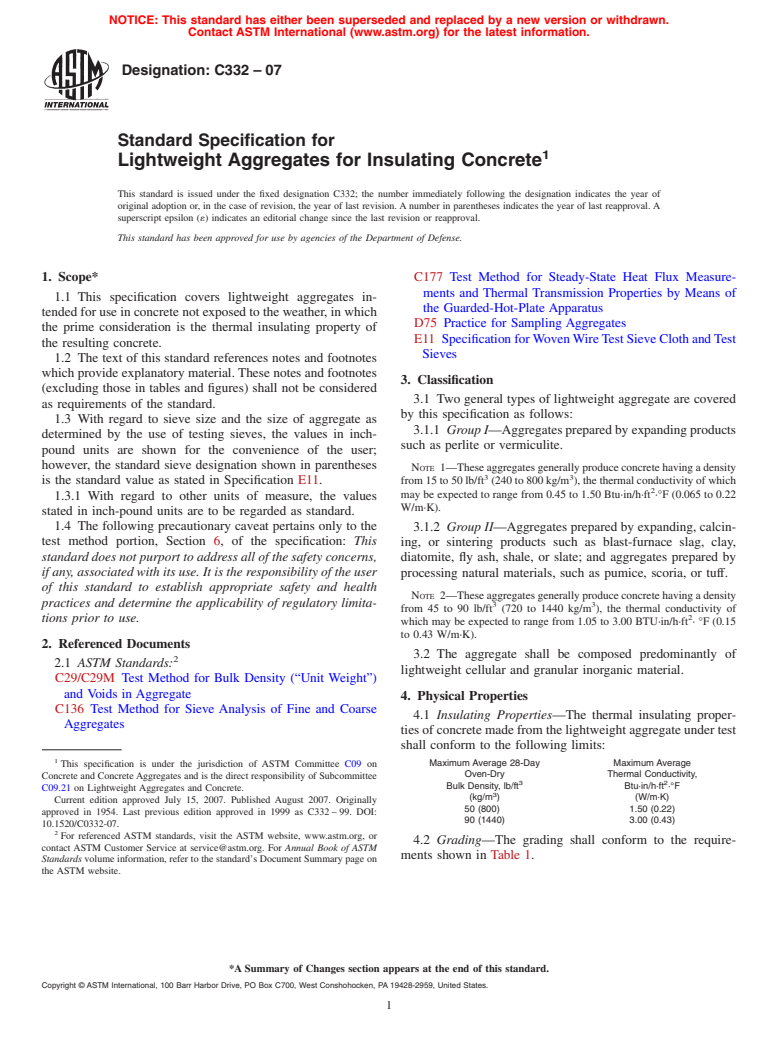 ASTM C332-07 - Standard Specification for Lightweight Aggregates for Insulating Concrete