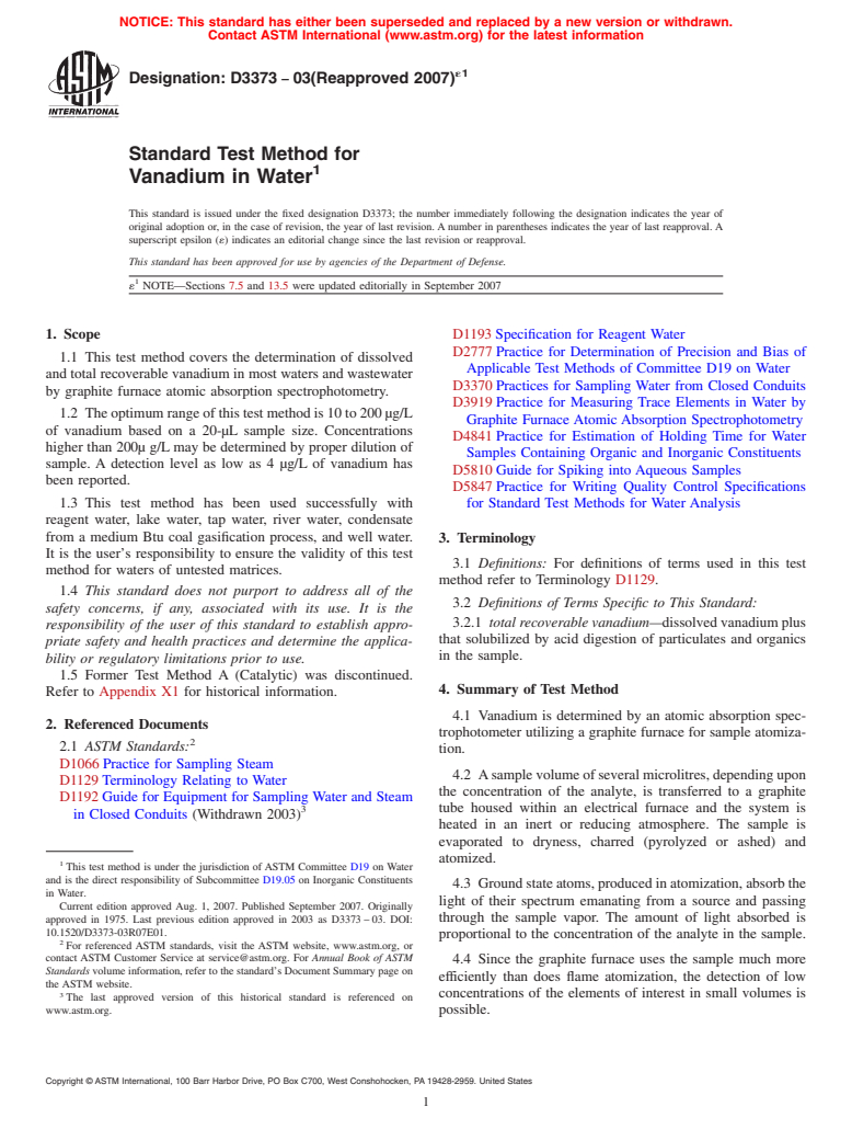 ASTM D3373-03(2007)e1 - Standard Test Method for Vanadium in Water