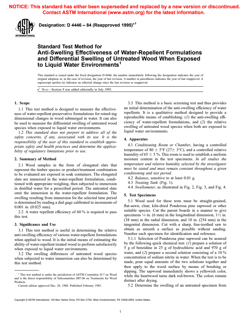 ASTM D4446-84(1995)e1 - Standard Test Method for Anti-Swelling Effectiveness of Water-Repellent Formulations and Differential Swelling of Untreated Wood When Exposed to Liquid Water Environments