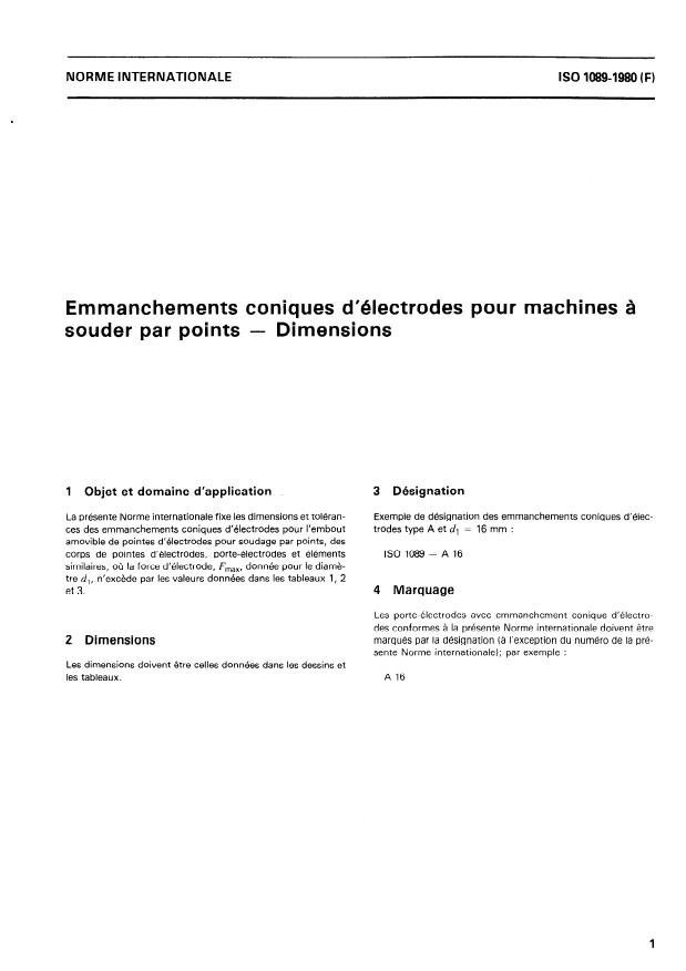 ISO 1089:1980 - Emmanchements coniques d'électrodes pour machines a souder par points -- Dimensions