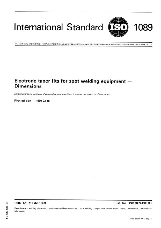 ISO 1089:1980 - Electrode taper fits for spot welding equipment -- Dimensions
