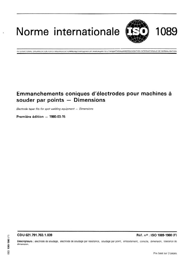 ISO 1089:1980 - Emmanchements coniques d'électrodes pour machines a souder par points -- Dimensions