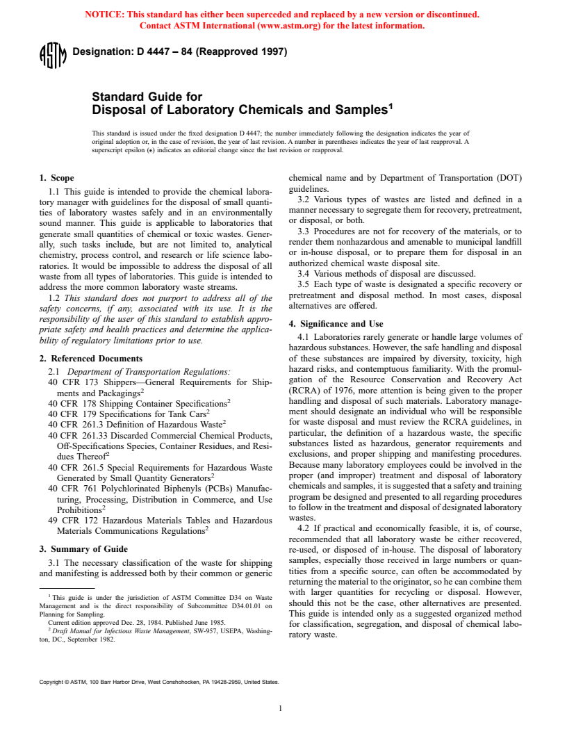 ASTM D4447-84(1997) - Standard Guide for Disposal of Laboratory Chemicals and Samples