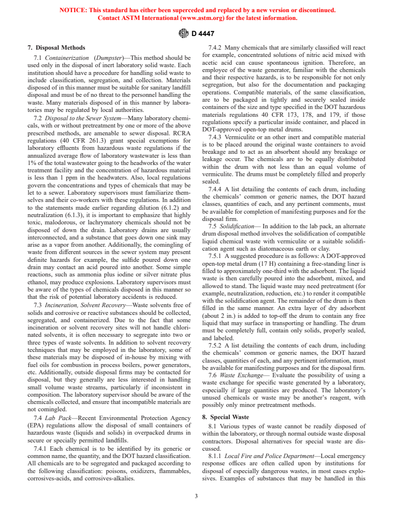 ASTM D4447-84(1997) - Standard Guide for Disposal of Laboratory Chemicals and Samples