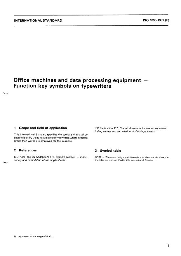 ISO 1090:1981 - Office machines and data processing equipment -- Function key symbols on typewriters