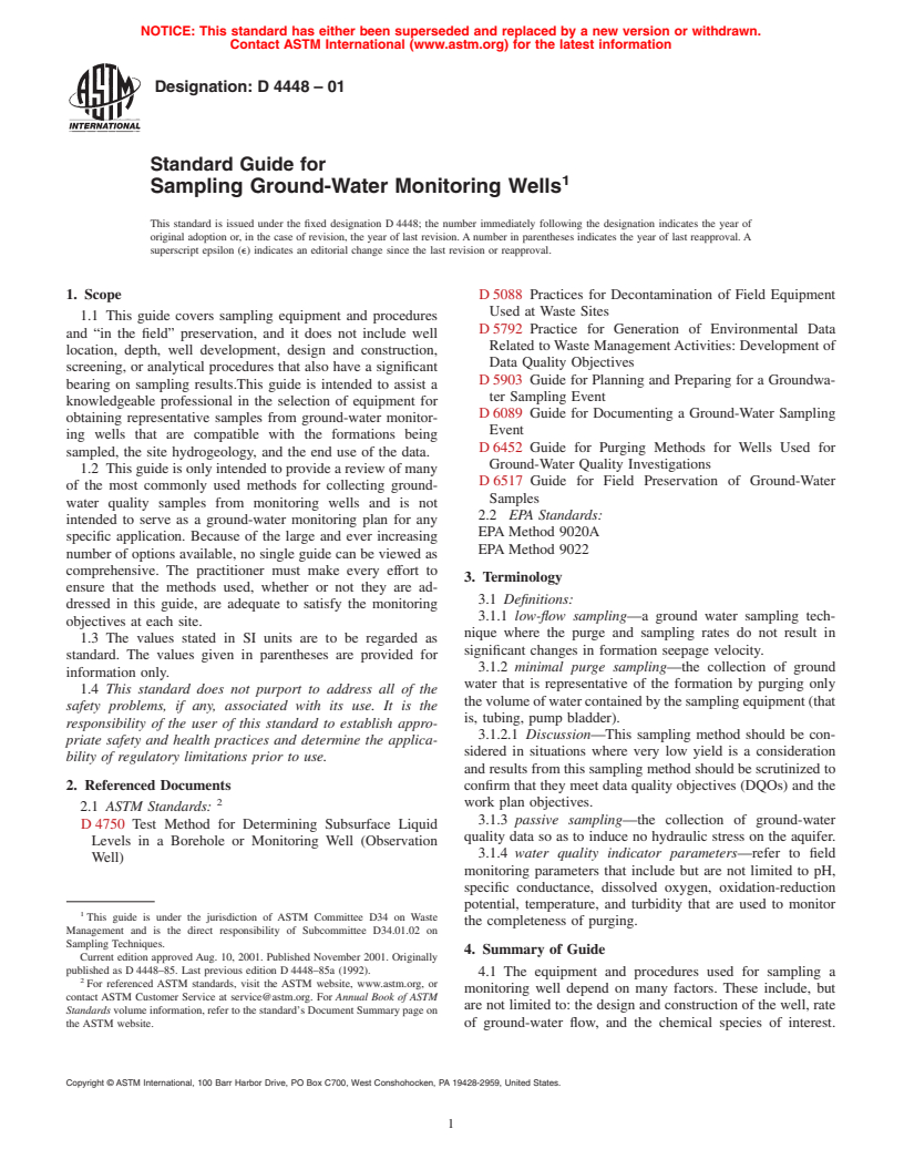 ASTM D4448-01 - Standard Guide for Sampling Ground-Water Monitoring Wells