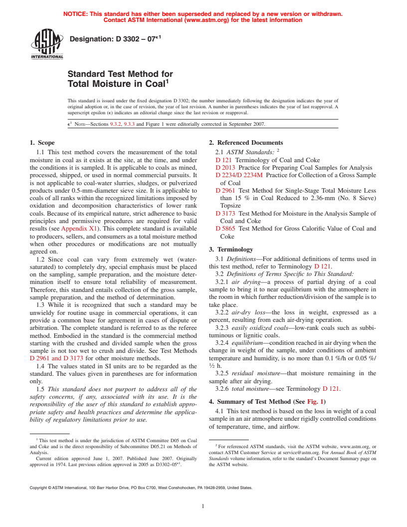 ASTM D3302-07e1 - Standard Test Method for Total Moisture in Coal