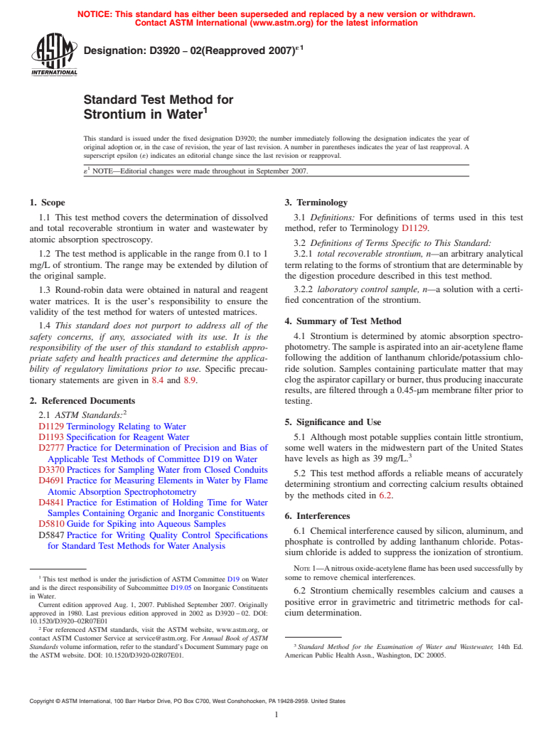 ASTM D3920-02(2007)e1 - Standard Test Method for Strontium in Water